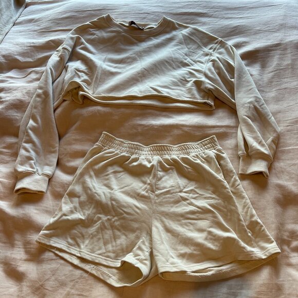 Beige Botany Cream French Terry Crop Crewneck Sweatshirt and Sweatshort Set, in - Picture 1 of 6